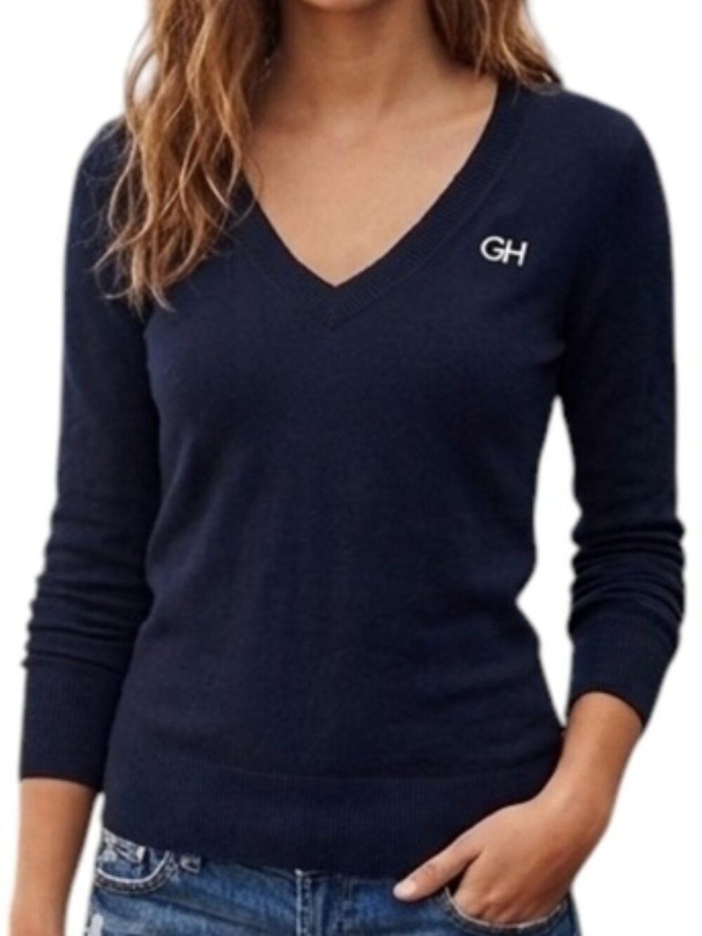 Gilly Hicks Women Small Navy V Neck Logo Sweater Preppy